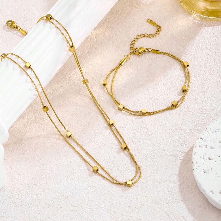 2 Piece Set High Quality Women's Simple Gold Three-Dimensional Small Square Double-Layer Snake Bone Bracelet 18K Stainless Steel Not Fade Fashion - 金色 - 查看 1
