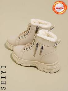 2025冬季女式雪地靴，毛绒内衬，加厚保暖，增高设计，时尚百搭，学生休闲短靴 - 卡其色 - 查看 4