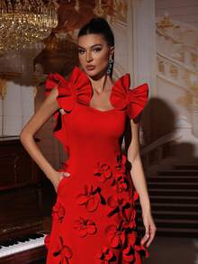 全新优雅 3D 花卉装饰时尚荷叶边无袖连衣裙，女士长款正式礼服，适合婚礼宾客、伴娘、派对、晚会 - 紅色 - 查看 6