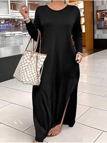 1. Plus Size Women's Solid Color Casual Pocket Slit Round Neck Long Sleeve Maxi Dress, Thanksgiving Long Dress, Elegant Women Black Maxi Dress