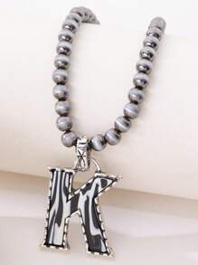 1pc Western Country Style Vintage Textured CCB Multicolor Leopard Print Black & White Plaid 26 Letter Minimalist Pendant Necklace, Sweater Chain