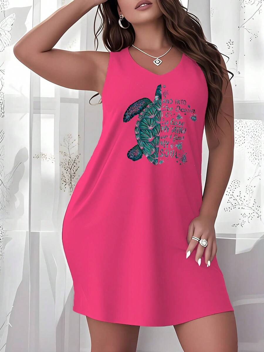 Plus Size Womens Nightdress Vacation Style  Ocean Turtle Nightdress, Cute Sleeveless Crew Neck Sleepwear Dress, Fashion And Casual Summer Beautiful Nightgown For Lady Girls And Women Sleep Wear, Nice Gift For Lady - Hồng - Xem 1