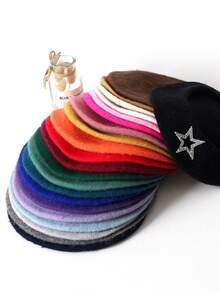 1顶女士仿珍珠蝴蝶结装饰羊毛贝雷帽，休闲百搭纯色黑色贝雷帽 - 彩色 - 查看 7