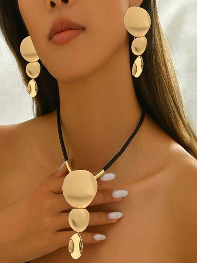 2 件套首饰套装，金属风格首饰套装，配黑色绳，不对称几何圆形项链和耳环套装，派对首饰，晚装首饰，日常佩戴首饰，节日礼物，度假首饰