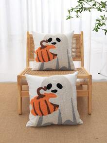 1 pezzo/2 pezzi Federa per cuscino ricamata in peluche con motivi di fantasmi, zucche e scritta "DOLCETTO O SCHERZETTO", lavorazione interamente ricamata, decorazione di Ognissanti per soggiorno, camera da letto, divano, letto, patio esterno, giardino, auto, adatta per tutte le stagioni, 45*45cm (senza imbottitura) - Multicolore - Visualizzare 9