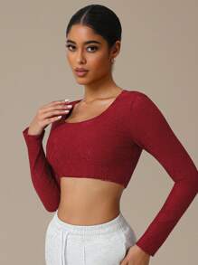 Sodalemon Women 1PC Fitness Training Long Sleeve Elastic Crop Top Workout Casual Yoga Gym Lace Sport T-Shirt - Red - View 8
