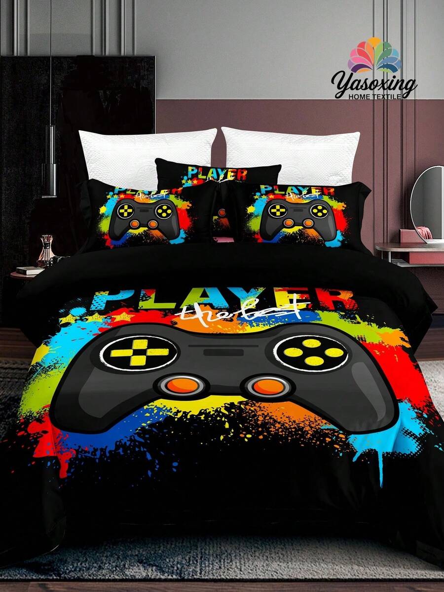 3 件黑色 3D 游戏手柄图案羽绒被套，现代布艺床上用品套装，适合家庭游戏床上用品套装，适合游戏玩家羽绒被套 3 件游戏手柄游戏印花房间装饰被套，柔软超细纤维羽绒被套，2 个枕套，无被子，适合所有季节宿舍床上用品返校床上用品 - 黑色 - 查看 1