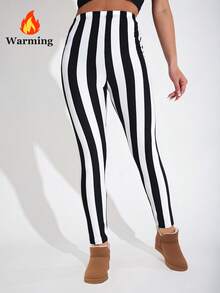 1 Pack Women's Thermal Lined Leggings, Black & White, Fashionable Casual Minimalist Elegant, High Stretch Warm Slimming Skinny Plaid Striped All-Over Print, Suitable For Home, Workout, Yoga, Fitness, Outdoor Walking, Party, Gift