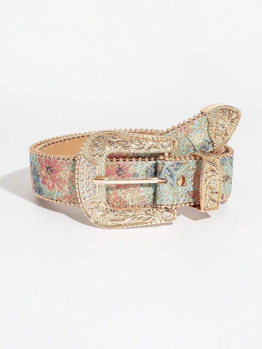 1pc Women's Light Luxury And Elegant Carved Metal Buckle Multi-Color Maple Leaf Glitter Print Beaded Edge Belt For Jeans - 綠色花朵版畫 - 查看 1