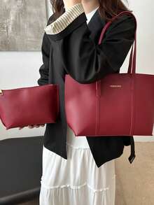 2 件/套时尚休闲大容量字母印花 PU 手提包和钱包，适合女性购物、通勤、旅行和日常使用 - 彩色 - 查看 3