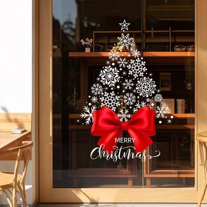 1pc 45cm*60cm Christmas Tree Window Sticker, Christmas Bow Decor Sticker, PVC Static Cling Film, Suitable For Home, School, Restaurant, Office Holiday Decoration