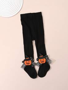 2pcs Baby Girls' Simple Shiny Bow Decor Solid Color Cable Knit Tights, Suitable For Halloween Pumpkin & Skull Outfit, Holiday Wear - Black and White - View 9