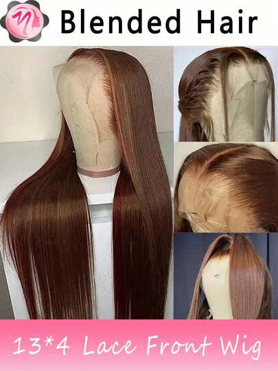 Pelucas mezcladas: una mezcla de cabello humano mezclado y sintético, peluca frontal de encaje marrón chocolate 13x4 HD transparente con cabello liso, pelucas frontales de encaje pre-arrancadas, pelucas frontales de encaje de cabello mezclado con una densidad del 180% (pelucas bob de 6-16 pulgadas, pelucas largas de 18-36 pulgadas)