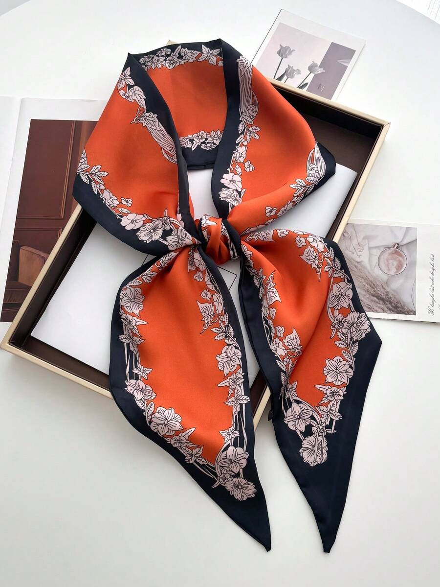 1 chiếc khăn satin in hình dây xích ngựa hai mặt, thích hợp phối cùng váy, quần short, thắt lưng, túi xách, mũ, ruy băng, đai eo cho nữ. - trái cam - Xem 1