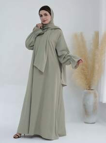 1 件柔软穆斯林连衣裙，配有头巾，花袖设计，经典百搭长袍 - 彩色 - 查看 5