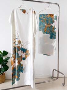 1pc Faux Silk Printed Robe, Shawl & Small Scarf Set, Women Coverup For Beach, Sun Protection, Daily Wear