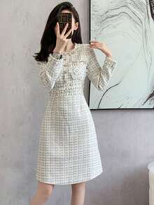 RUIWY 女士春夏长袖休闲串珠优雅格子收腰修身杏色连衣裙