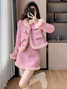 RUIWY 2 件套女士秋冬时尚流苏边夹克和迷你裙套装，粉色 - 粉色 - 查看 4