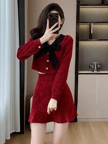 RUIWY 女士时尚淑女蝴蝶结领长袖夹克和迷你裙两件套服装，红色，节日派对 - 紅色 - 查看 6