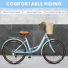 Beach Cruiser Bike For Women, 24 26 Inch 7 Speed Commute Bike For Adults, Womens Bicycle With Ratten Basket And Adjustable Seat, Lightweight Step Through Bike For Adults Women Ladies - Blue - View 2