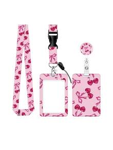 樱桃蝴蝶结图案设计可伸缩证件套，ID姓名牌工作证登山扣粉色可伸缩证件卷轴带可拆卸挂绳 - 励志语录证件钥匙扣，竖款卡片保护套，适用于家庭办公室、医生、护士、教师、女性、学生和专业人士 - 彩色 - 查看 3