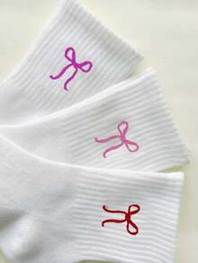 3 Pairs Bow Pattern Crew Socks, Casual Everyday Wear, Fall