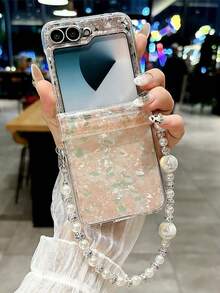 Luxury Laser Aurora Shell Pattern Bracelet Chain Phone Case Compatible With Samsung Galaxy Z Flip 7 6 5 4 3 5G Cute Colorful Camera Protection Shockproof Cover Waterproof Anti-Fall Scratch Resistant - Pink Greenish - View 3
