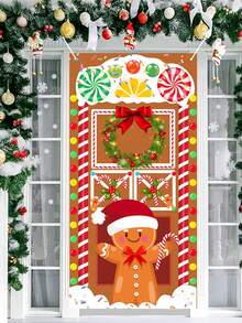 1pc 90*180cm Festive Gingerbread Man Door Banner,Christmas Decoration Front Door Cover,Christmas Party Background Decoration,Home Decor,Perfect For Home Entrance,Holiday Parties & Photography Backdrop, Polyester, Indoor&Outdoor Use,Merry Christmas,Christmas Decoration,Xmas Decor,Christmas Decoration