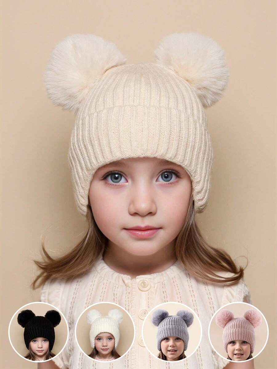 1 chiếc mũ len beanie trẻ em mùa đông, màu trơn, đan len, 2 quả bông, mũ len cho bé unisex, mũ trùm đầu dày ấm mặc hàng ngày - 1PC - Xem 1