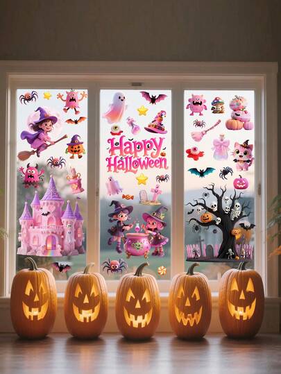 5 buc autocolante roz pentru ferestre de Halloween, decorațiuni pentru ferestre de Halloween, autocolante drăguțe cu dovleac și fantomă pentru fereastră, decor de petrecere de Halloween, autocolante de perete, autocolant de perete, decor de casă, decor de cameră