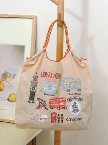 1pc New Fashion Embroidered Pattern Nylon Large Capacity Foldable Shopping Bag, Suitable For Commuting, Party, Adjustable Shoulder Strap Tote Bag, Bags For Ladies Fashionable