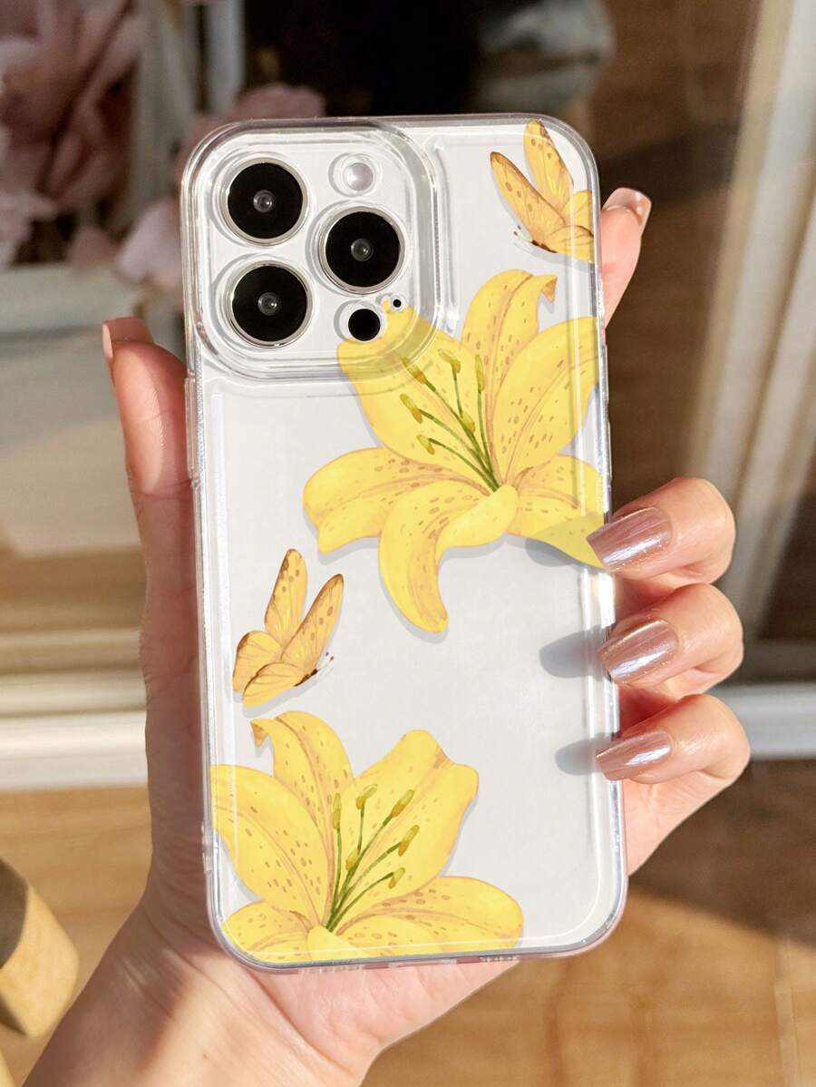 1 件 Ins 风格粉色花卉百合花和蝴蝶图案透明软手机壳，兼容 11/12/13/14/15/16 Pro Max 防水防震防摔防刮