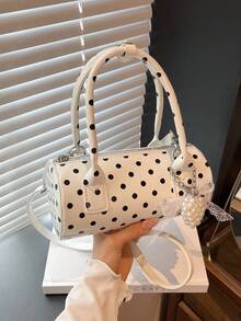 手提波点包2024新款高端撞色圆筒包辣妈百搭时尚通勤手提包爱心吊坠送女友礼物首选