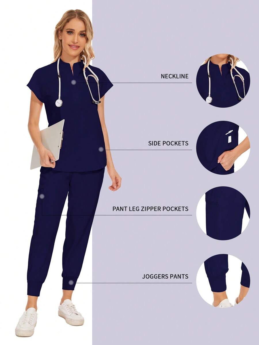 批发时尚牙科医院制服套装纯色手术服口袋V领女士手术服套装，含运动裤，春季款 - 藏蓝色 - 查看 1