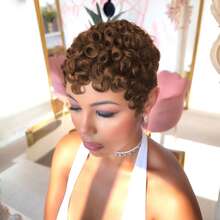 4# Wig Pendek Keriting Cokelat untuk Wanita, Gaya Rambut Pixie Pendek, Tanpa Lace Front, Tenunan Mesin Penuh, Potongan Pixie Berlapis dengan Poni, Bahan Rambut Manusia, Cocok untuk Hari Valentine dan Pemakaian Sehari-hari - Coklat - View 5