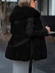 Giolshon 女士优雅仿皮草夹克，带兜帽、口袋和腰带，适合秋冬季穿着 - 黑色 - 查看 4