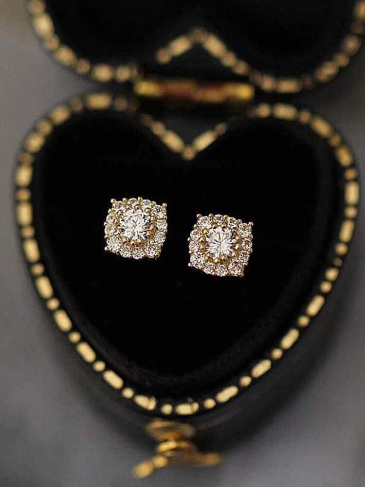 GAGAFEEL 1 Đôi bông tai nhỏ nhắn và dễ thương bằng bạc Sterling S925 đính đá Cubic Zirconia, thiết kế hình vuông tối giản, phù hợp để đeo hàng ngày. - Vàng - Xem 2