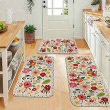 2/3pcs Kitchen Rug Set, Kitchen, Various Floral Designs, Soft Flannel, - Suitable Bedroom, Living Room, Dining Room, Bathroom, Entryway - 黑色 - 查看 6