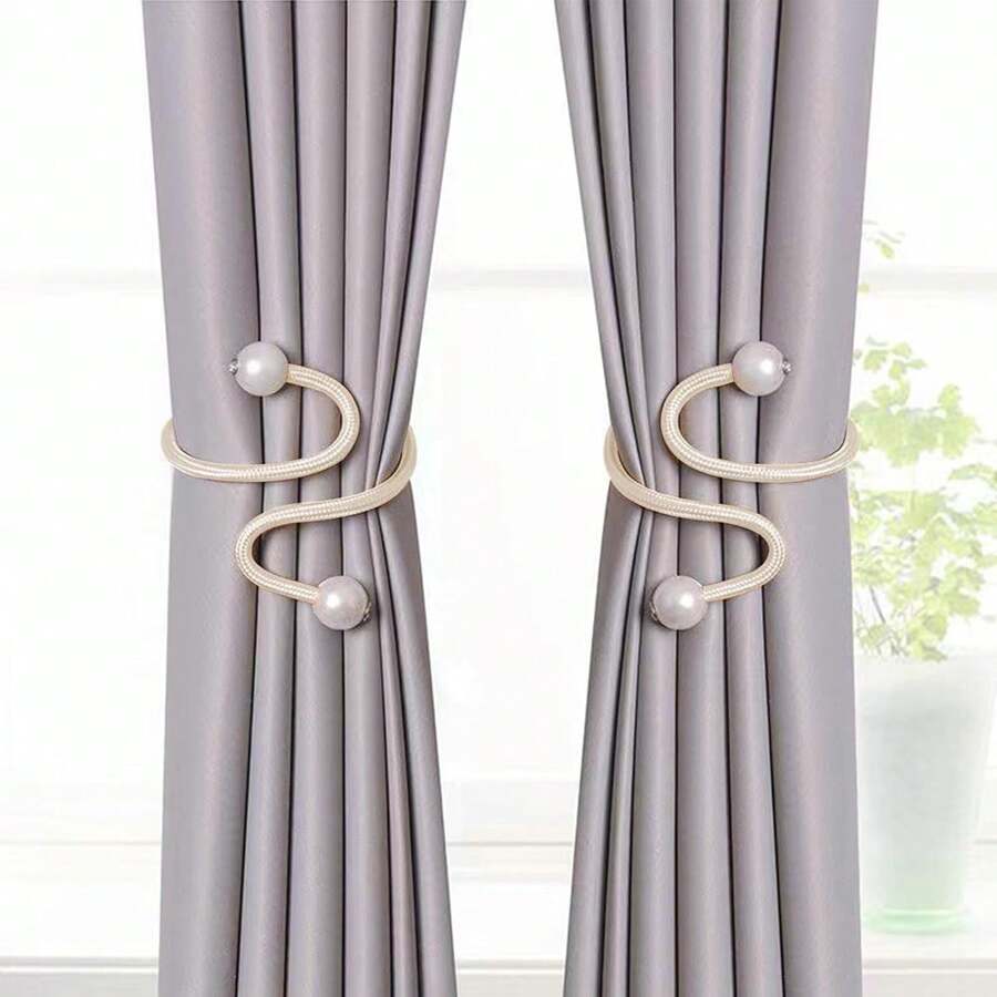 4pcs Window Curtain Tie Backs, Pearl Decor Rope Fixation Brackets Suitable For Small, Thin Or Sheer Curtains - Khaki - View 1