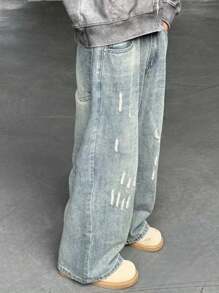 Teenage Boys' Vintage Blue Washed Vertical Stripe Distressed Casual Jeans, Spring/Autumn New American Style Mid/Plus Size Boys Retro Ripped Straight Leg Trousers