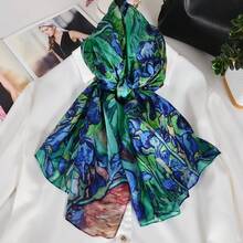 100% Mulberry Silk Scarf For Women Lightweight Long Scarves Beach Wraps Cover Up -Travel Photography Scarfhalloween - 藍綠鳶尾 - 查看 9