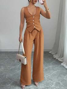 Conjunto de 2 piezas a rayas chaleco con botones y pantalon recto para mujer elegante oficina casual unitalla 28-32 - Naranja Quemada - Ver 1