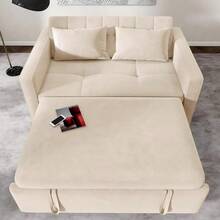 55 Convertible Sofa Bed 3in1 Sleeper Sofa With PullOut Bed Velvet Futon Couch With Adjustable Backrest And Side Pocket Modern Loveseat For Living Room Apartment Beige - 米色 - 查看 3