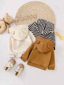 3件套男婴可爱熊图案条纹连帽休闲时尚卫衣，秋冬 - 彩色 - 查看 2