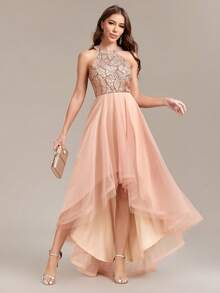 Sequin Patchwork Asymmetric Hem Elegant Women's Formal Dress, Ball Gown, Wedding Guest Dress, Graduation Ceremony, Evening Gown Party - 玫瑰金 - 查看 7