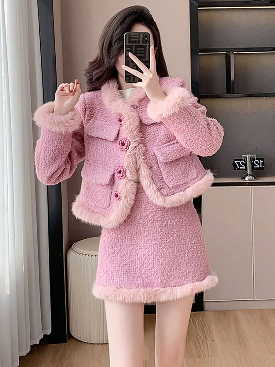 RUIWY 2 件套女士秋冬时尚流苏边夹克和迷你裙套装，粉色 - 粉色 - 查看 1