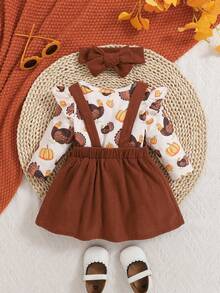 女婴感恩节火鸡南瓜印花连体衣搭配棕色吊带裙，秋冬季新款套装 - 棕色 - 查看 2