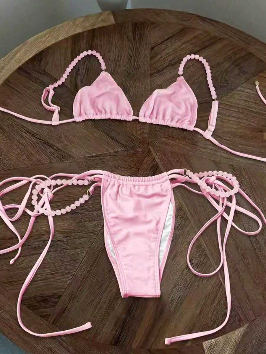 女士性感纯粉色比基尼泳衣，欧美风格，夏季 - 粉色 - 查看 1