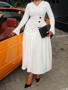 Women's Plus Size Midi Dress Long Sleeve V Neck Button Front Dress Long Flowy Dress - trắng - Xem 5