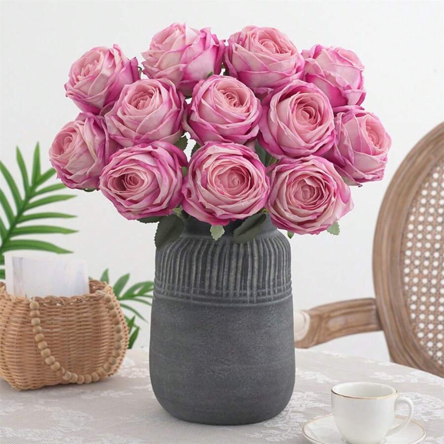 Artificial Silk Flower Realistic Faux Long Stem Daisy Flower With Leaves For Home Kitchen Party Table Vase Decor - Hot Pink - View 1